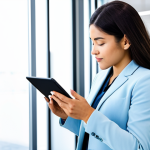 A professional individual, fully clothed in appropriate, modest business casual attire, standing in a bright, modern office space, thoughtfully reviewing a personalized digital nutrition plan displayed on a sleek, large tablet. The scene emphasizes precision and data-driven wellness. safe for work, appropriate content, fully clothed, professional, perfect anatomy, correct proportions, natural pose, well-formed hands, proper finger count, natural body proportions, professional photography, high quality.
