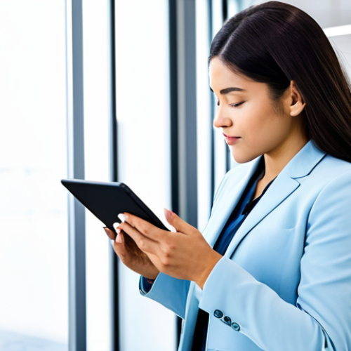 Home 6 A professional individual, fully clothed in appropriate, modest business casual attire, standing in a bright, modern office space, thoughtfully reviewing a personalized digital nutrition plan displayed on a sleek, large tablet. The scene emphasizes precision and data-driven wellness. safe for work, appropriate content, fully clothed, professional, perfect anatomy, correct proportions, natural pose, well-formed hands, proper finger count, natural body proportions, professional photography, high quality.
