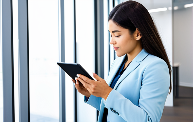 A professional individual, fully clothed in appropriate, modest business casual attire, standing in a bright, modern office space, thoughtfully reviewing a personalized digital nutrition plan displayed on a sleek, large tablet. The scene emphasizes precision and data-driven wellness. safe for work, appropriate content, fully clothed, professional, perfect anatomy, correct proportions, natural pose, well-formed hands, proper finger count, natural body proportions, professional photography, high quality.