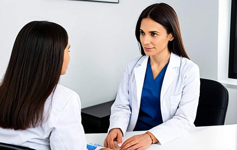 Genetic Counseling Session**
"A professional female doctor in a modern clinic office, wearing a lab coat and modest professional attire, consults with a fully clothed female patient about genetic testing for PMS management, appropriate content, safe for work, perfect anatomy, correct proportions, well-formed hands, professional lighting, educational setting, family-friendly"
**