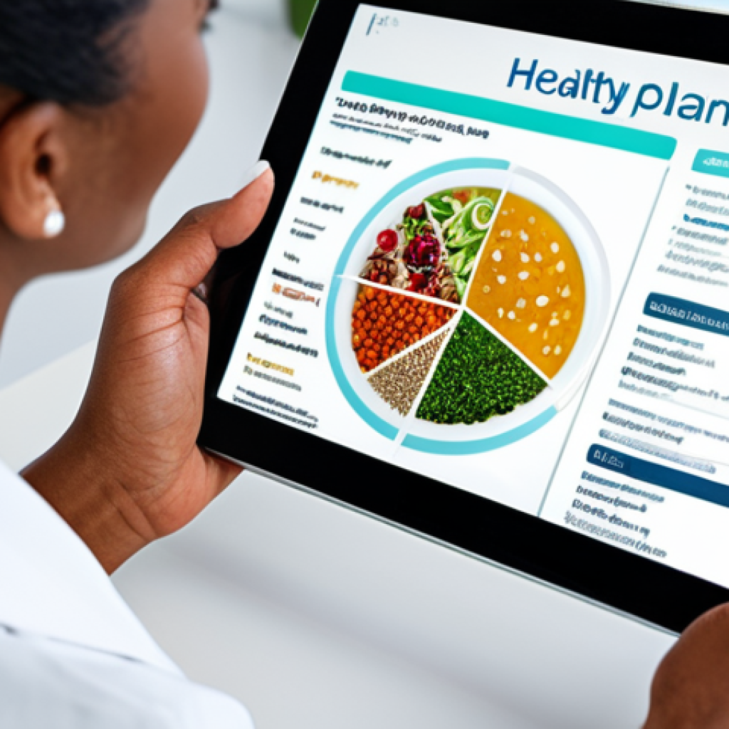 Gene-Informed Nutrition**
"A registered dietitian in a brightly lit office, reviewing a personalized meal plan with a client. The plan is displayed on a tablet showing healthy foods and nutrient breakdowns. DNA helix background subtly visible. The client is smiling and engaged. Fully clothed, modest clothing, appropriate attire, safe for work, perfect anatomy, natural proportions, professional setting, friendly environment."
**
