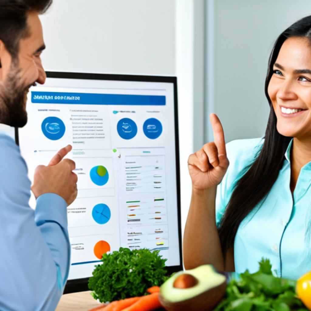 Gene-Based Diet**
A nutritionist in a bright, modern office consults with a female client, pointing to a DNA report showing personalized dietary recommendations; the report features images of healthy foods like avocados, salmon, and leafy greens. The client is smiling and engaged. Fully clothed, appropriate attire, safe for work, perfect anatomy, natural proportions, professional, modest, family-friendly.
**
