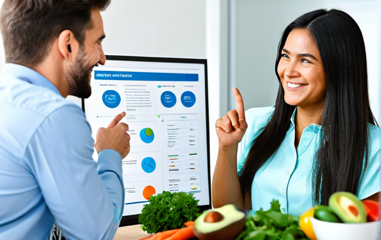 Gene-Based Diet**
A nutritionist in a bright, modern office consults with a female client, pointing to a DNA report showing personalized dietary recommendations; the report features images of healthy foods like avocados, salmon, and leafy greens. The client is smiling and engaged. Fully clothed, appropriate attire, safe for work, perfect anatomy, natural proportions, professional, modest, family-friendly.
**