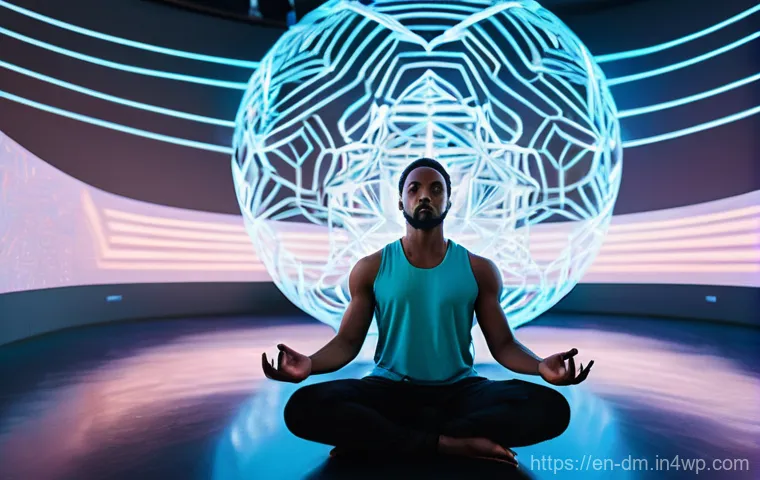 유전자 분석을 통한 심리적 안정 전략 - **Prompt:** "A diverse person, early 30s, meditating peacefully in a vibrant, futuristic study. Arou...