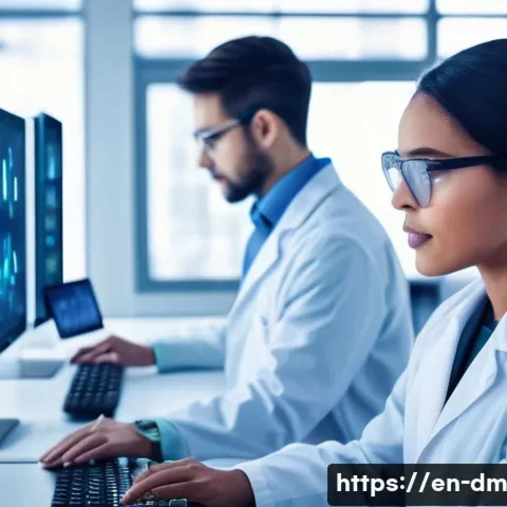 유전자 맞춤 건강 관리의 윤리적 고려사항 - A modern, high-tech genetic testing laboratory scene showing diverse scientists and healthcare profe...
