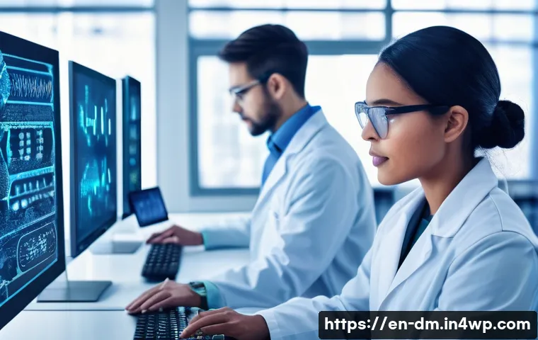 유전자 맞춤 건강 관리의 윤리적 고려사항 - A modern, high-tech genetic testing laboratory scene showing diverse scientists and healthcare profe...