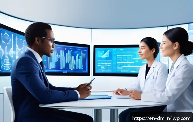유전자 검사가 건강 보험에 미치는 영향 - A futuristic health insurance office scene showing diverse adults consulting with an insurance agent...