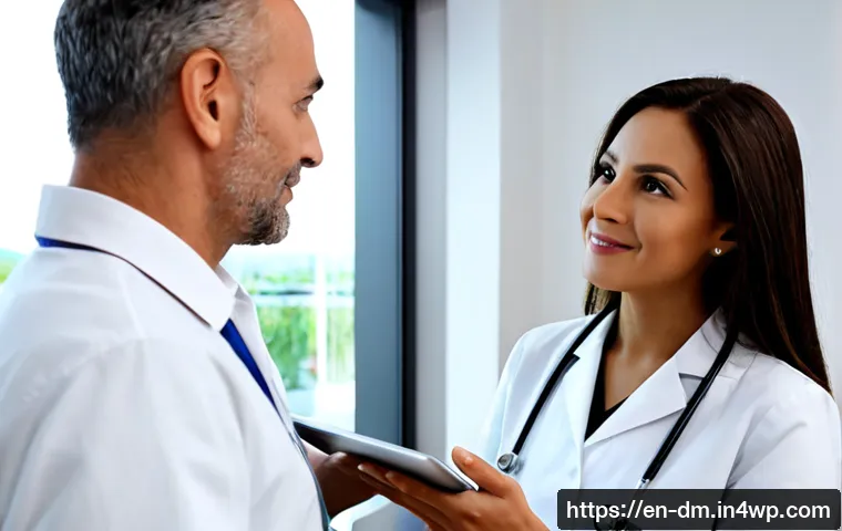 유전자 맞춤형 건강 관리의 효과적인 커뮤니케이션 방법 - Photorealistic healthcare consultation in a bright modern clinic, compassionate genetic counselor in...